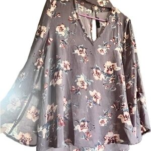 Floral V-Neck Choker Bell Sleeve Top
